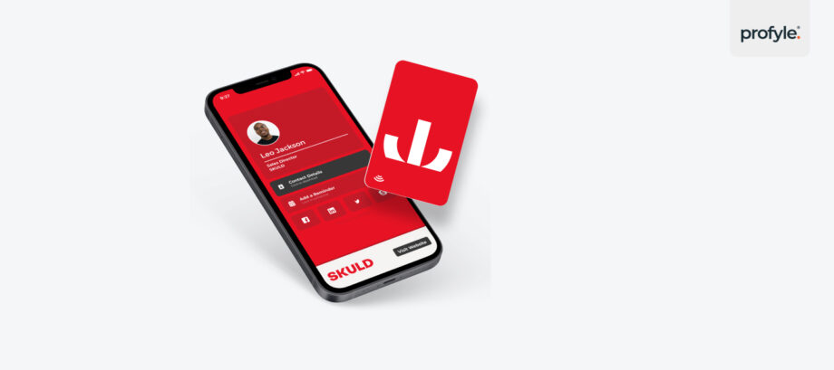 An example of digital business card app with a NFC card with red branding.