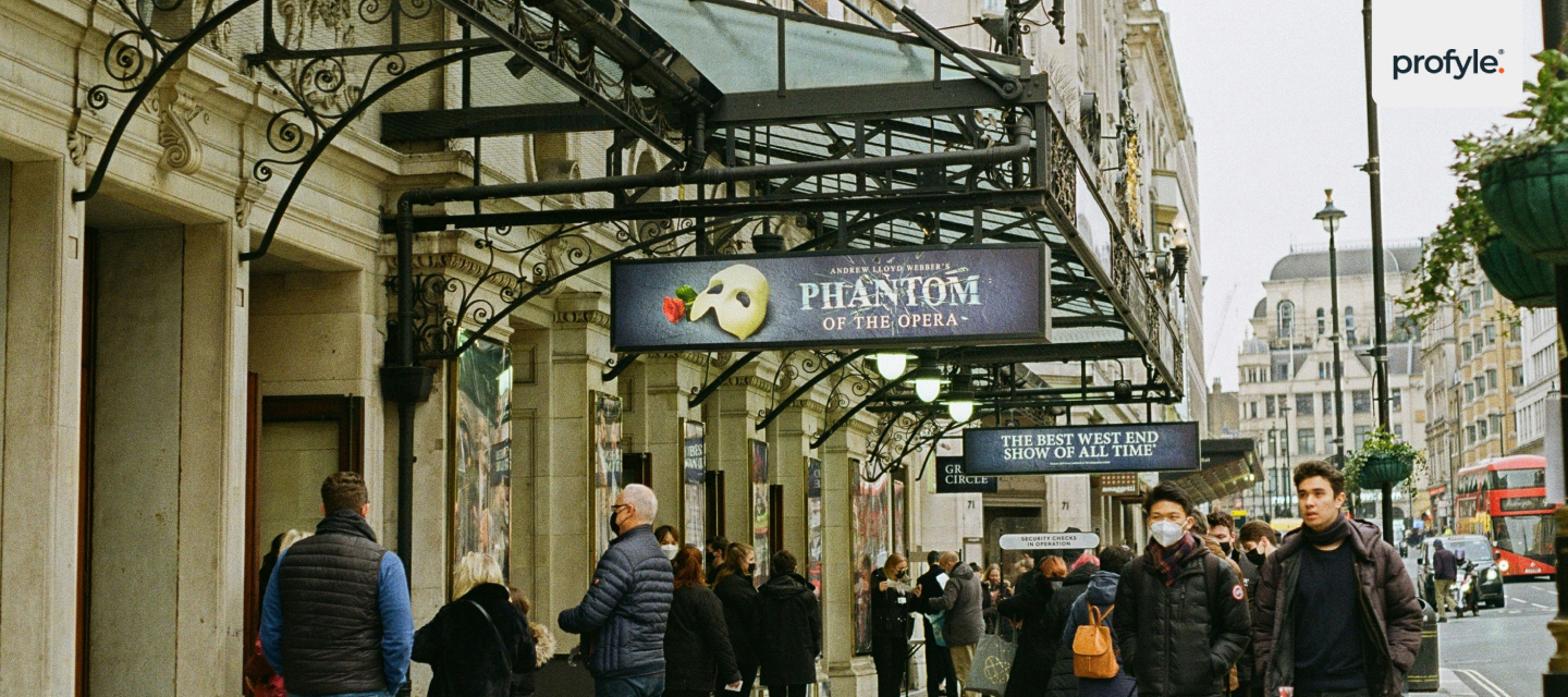 A street of London showing its lively cultural scene.