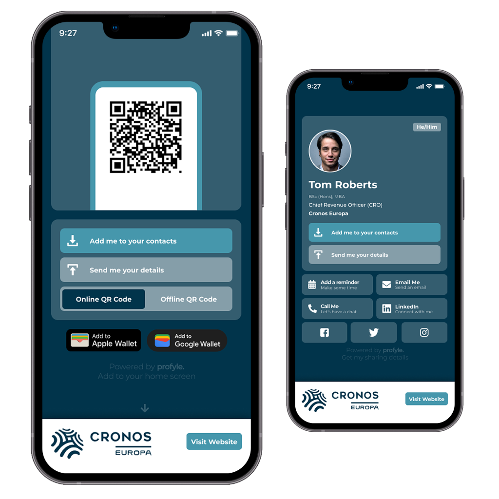 A digital business card with a QR code for Cronos Europa