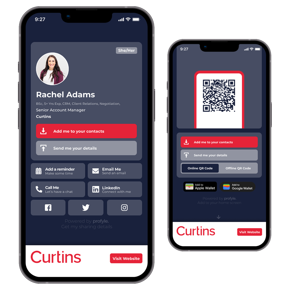 An example of a digital business card from Curtins