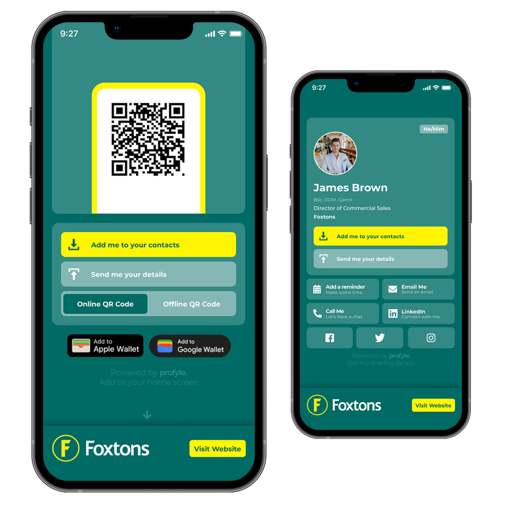 A digital business card with a QR code from Foxton.