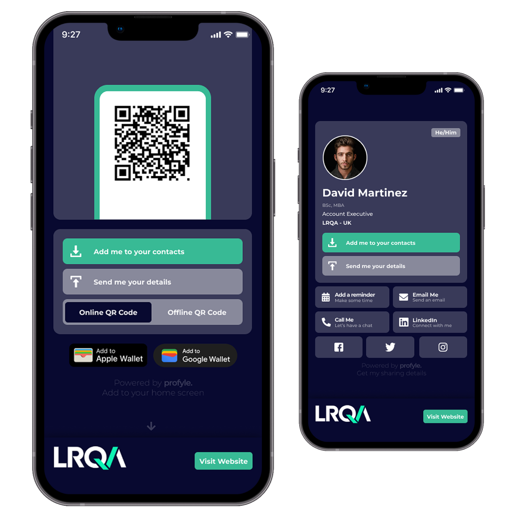 A digital business card done by Profyle for IRQA