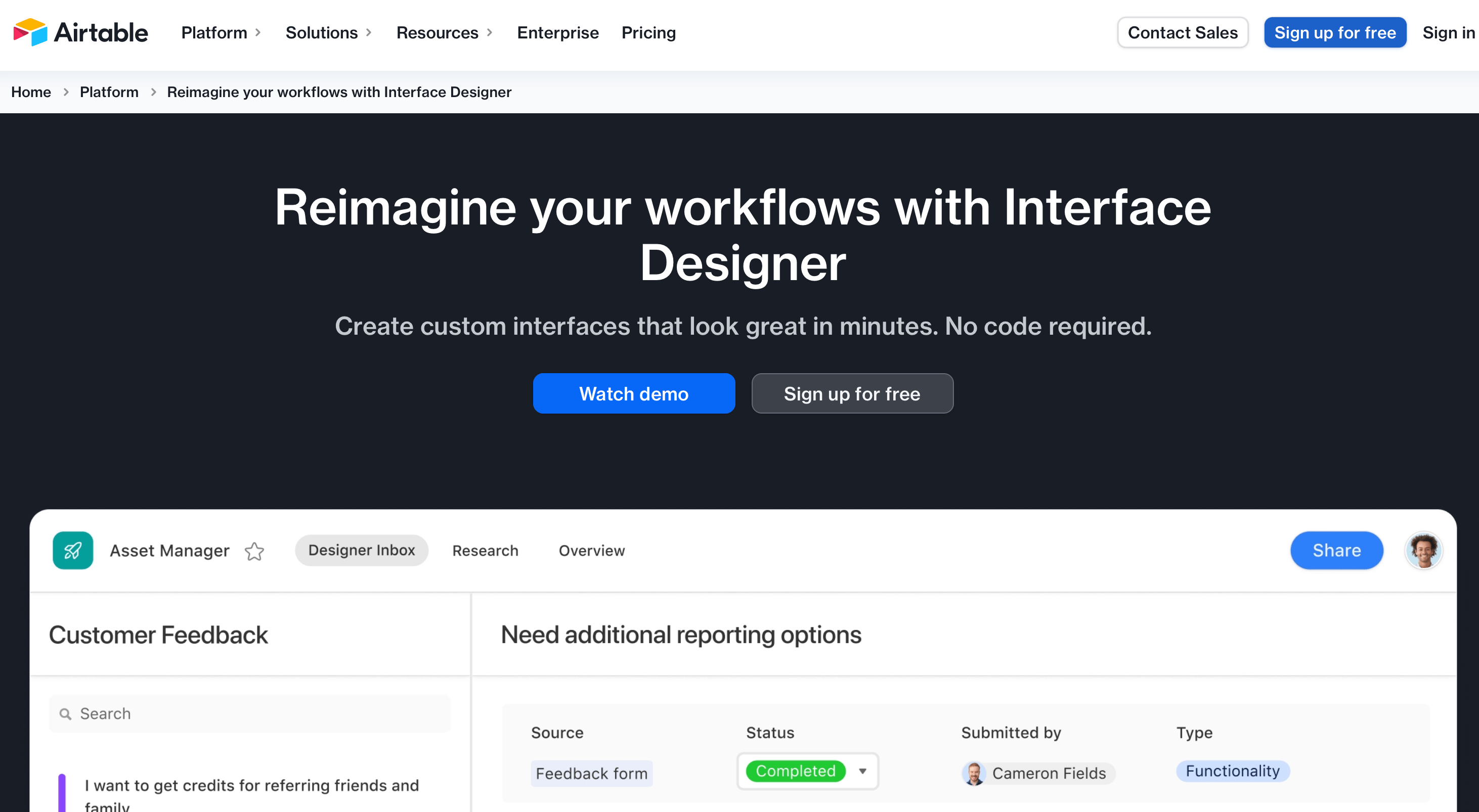 Software as a Service landing page from Airtable