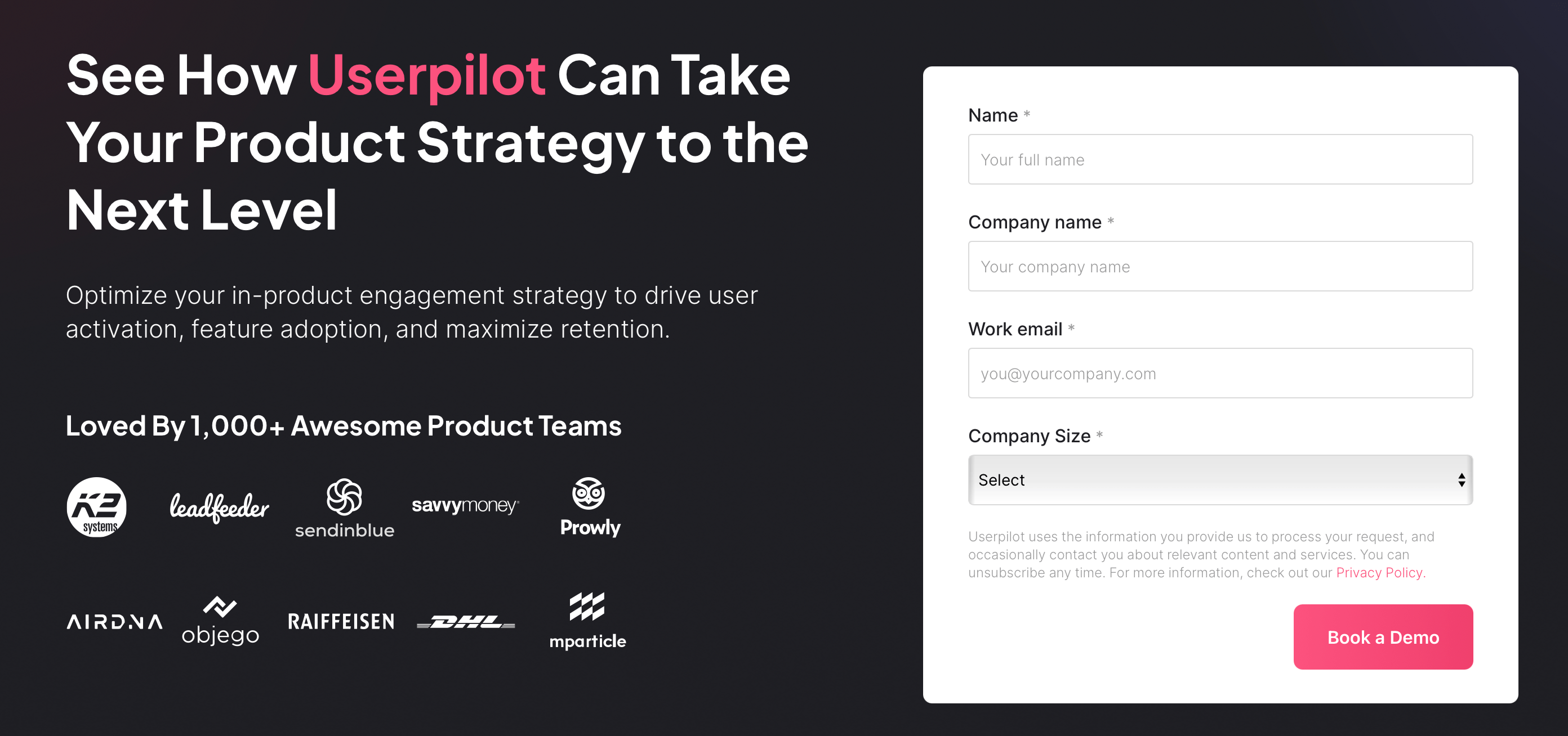 Userpilot generates leads on their website with a demo form